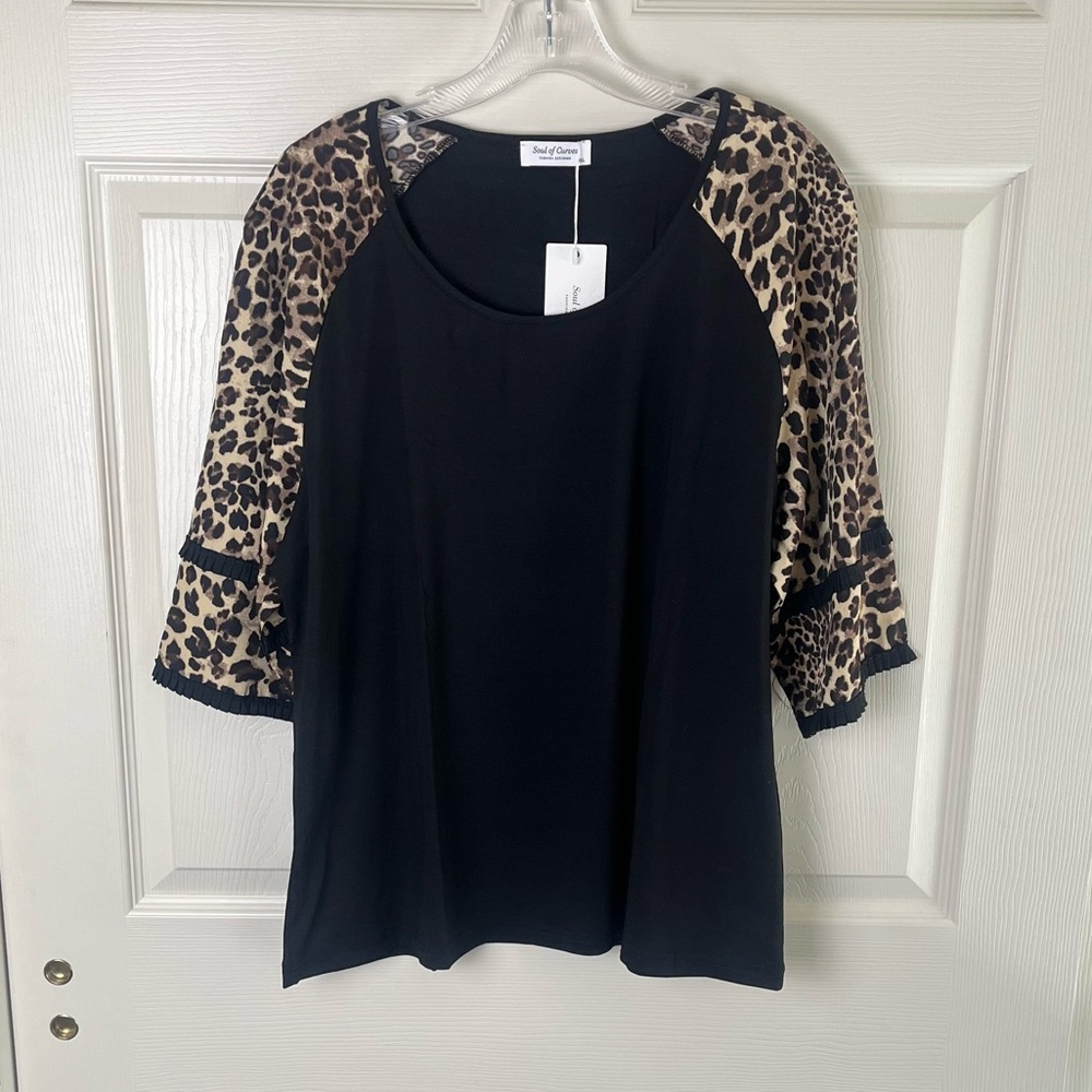Sejour Black Top with Leopard Print Sleeves